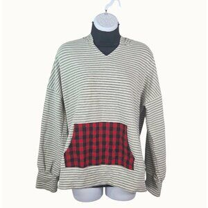 Andree By Unit Striped V-Neck Hoodie Sweatshirt With Red Plaid Pocket Medium